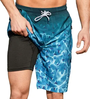 Mens Swim Trunks with Compression Liner 9 Inch Swim Shorts Bathing Suits Quick Dry Hiking Cargo Shorts with Zipper Pocket
