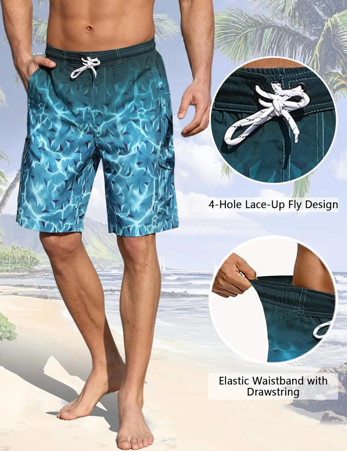 Mens Swim Trunks with Compression Liner 9 Inch Swim Shorts Bathing Suits Quick Dry Hiking Cargo Shorts with Zipper Pocket