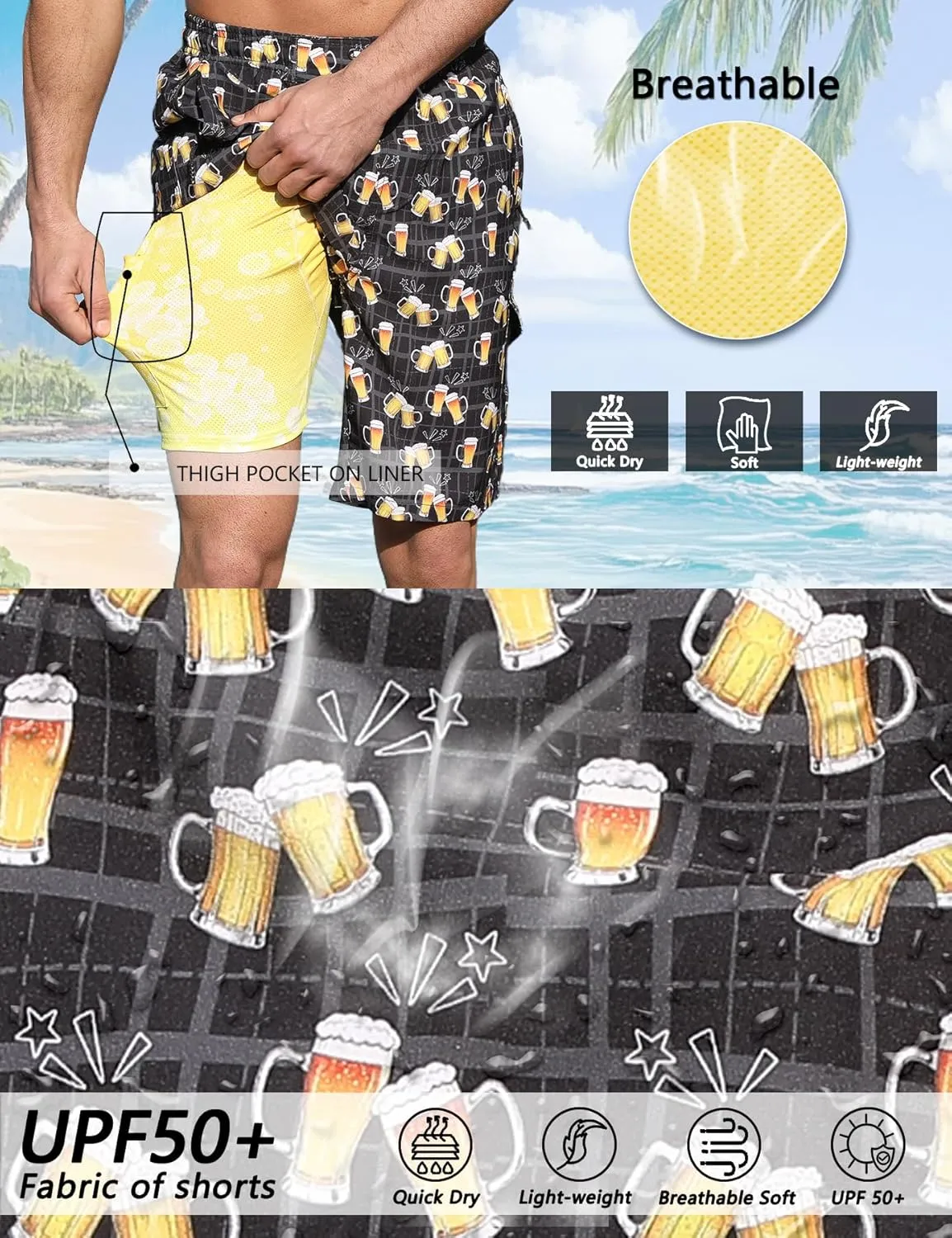 Mens Swim Trunks with Compression Liner 9 Inch Swim Shorts Bathing Suits Quick Dry Hiking Cargo Shorts with Zipper Pocket