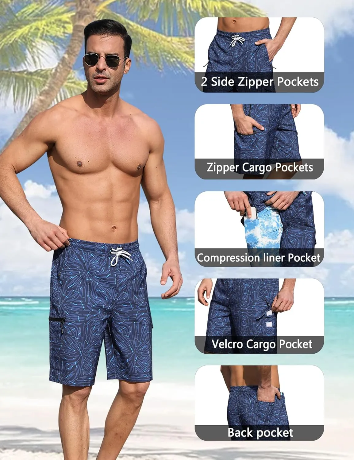 Mens Swim Trunks with Compression Liner 9 Inch Swim Shorts Bathing Suits Quick Dry Hiking Cargo Shorts with Zipper Pocket
