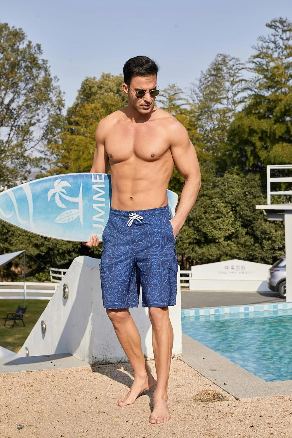 Mens Swim Trunks with Compression Liner 9 Inch Swim Shorts Bathing Suits Quick Dry Hiking Cargo Shorts with Zipper Pocket