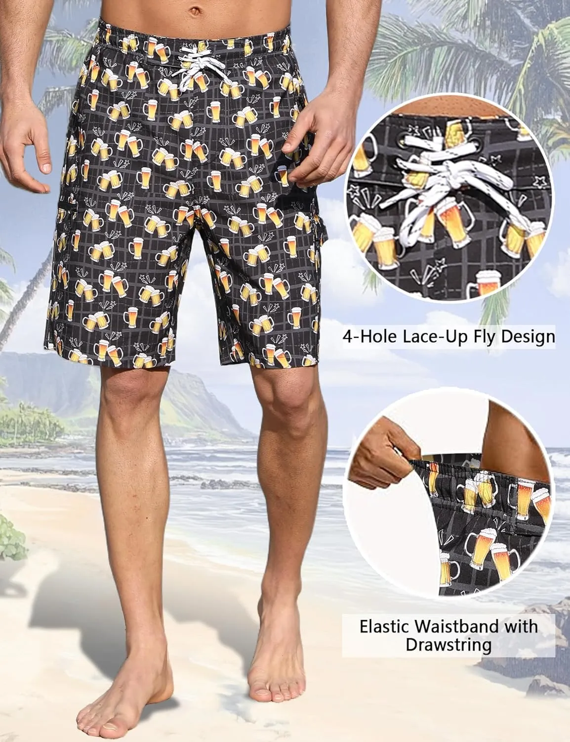 Mens Swim Trunks with Compression Liner 9 Inch Swim Shorts Bathing Suits Quick Dry Hiking Cargo Shorts with Zipper Pocket