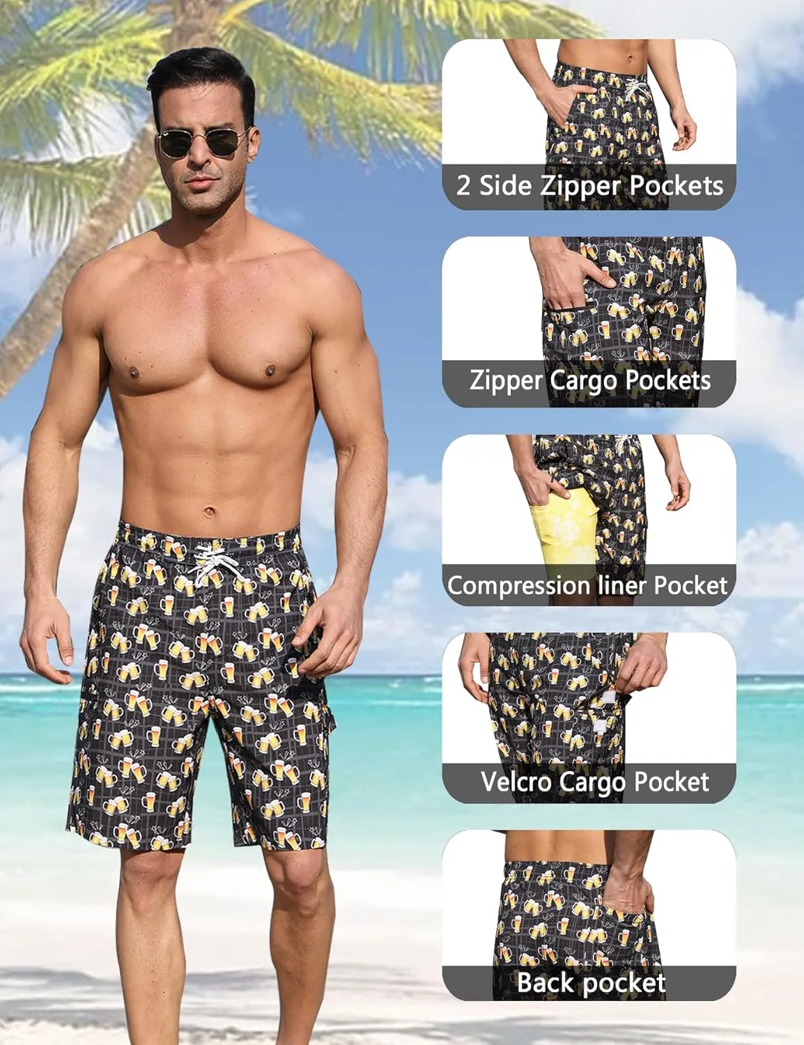 Mens Swim Trunks with Compression Liner 9 Inch Swim Shorts Bathing Suits Quick Dry Hiking Cargo Shorts with Zipper Pocket