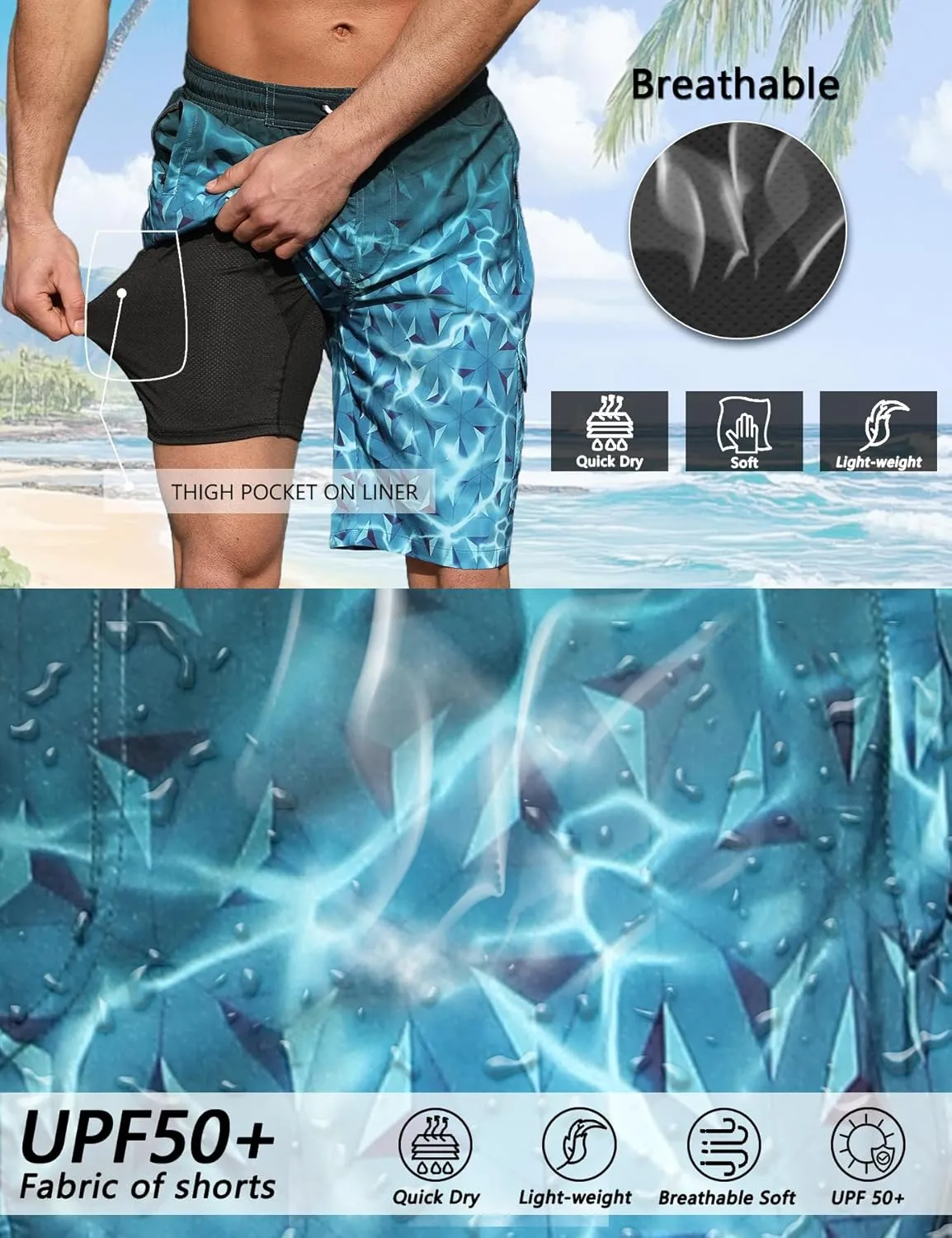 Mens Swim Trunks with Compression Liner 9 Inch Swim Shorts Bathing Suits Quick Dry Hiking Cargo Shorts with Zipper Pocket