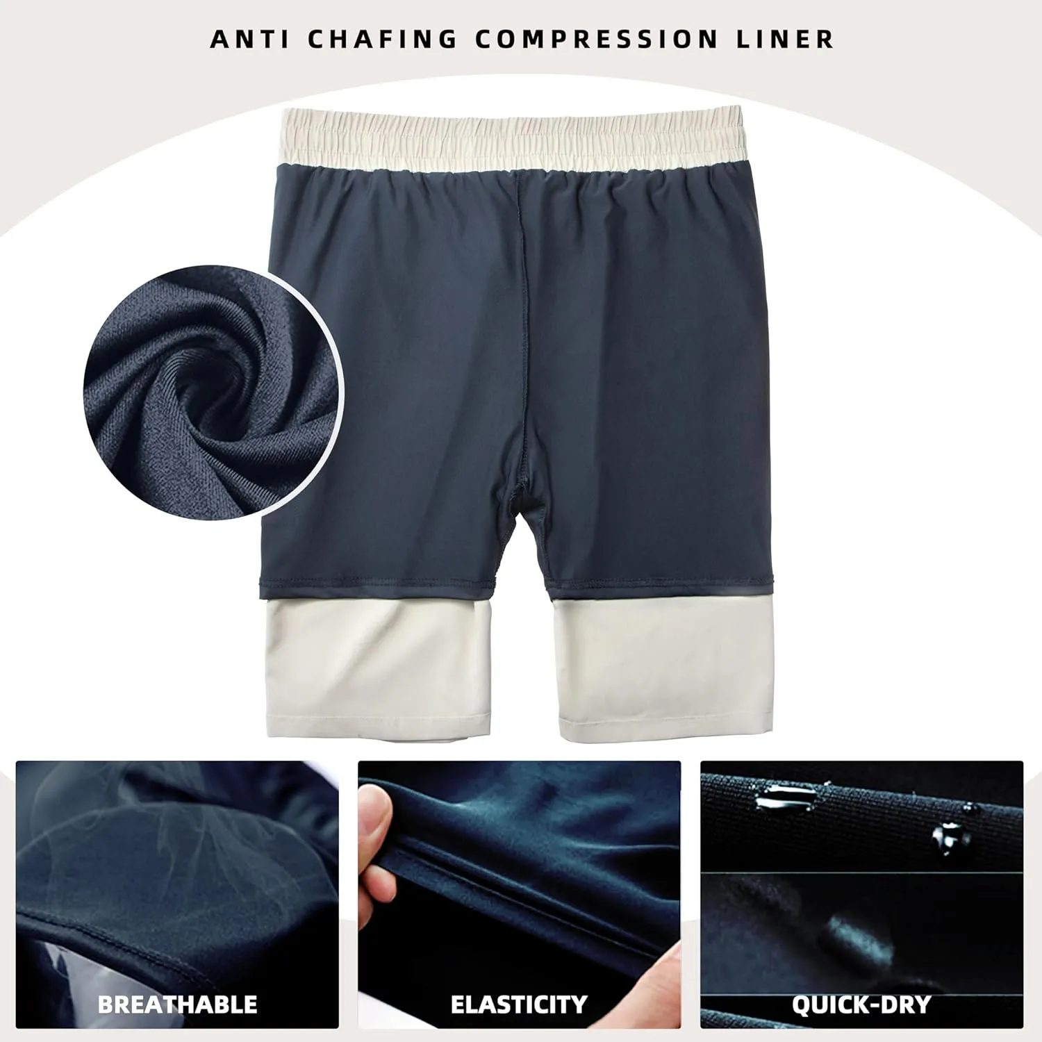 Mens Swim Trunks with Compression Liner 9" Board Shorts 2 in 1 Quick Dry Bathing Suits with Zipper Pockets