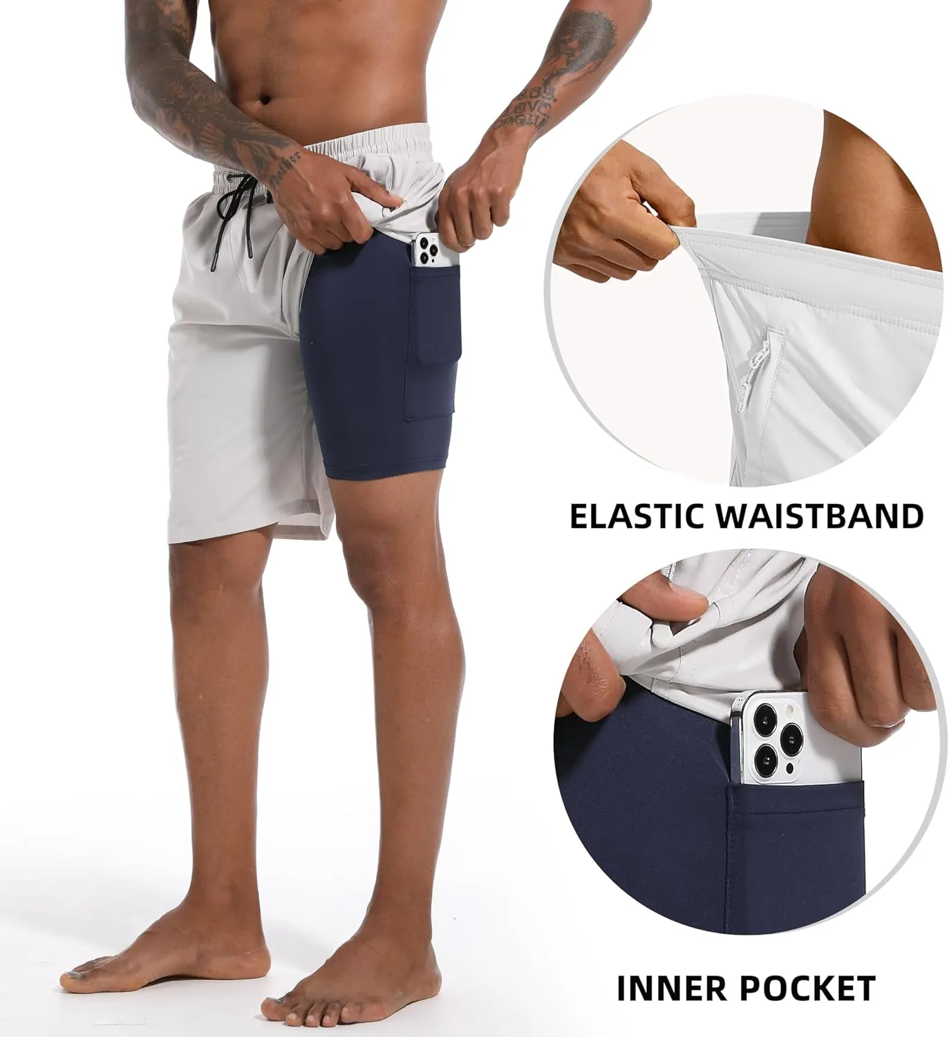 Mens Swim Trunks with Compression Liner 9" Board Shorts 2 in 1 Quick Dry Bathing Suits with Zipper Pockets