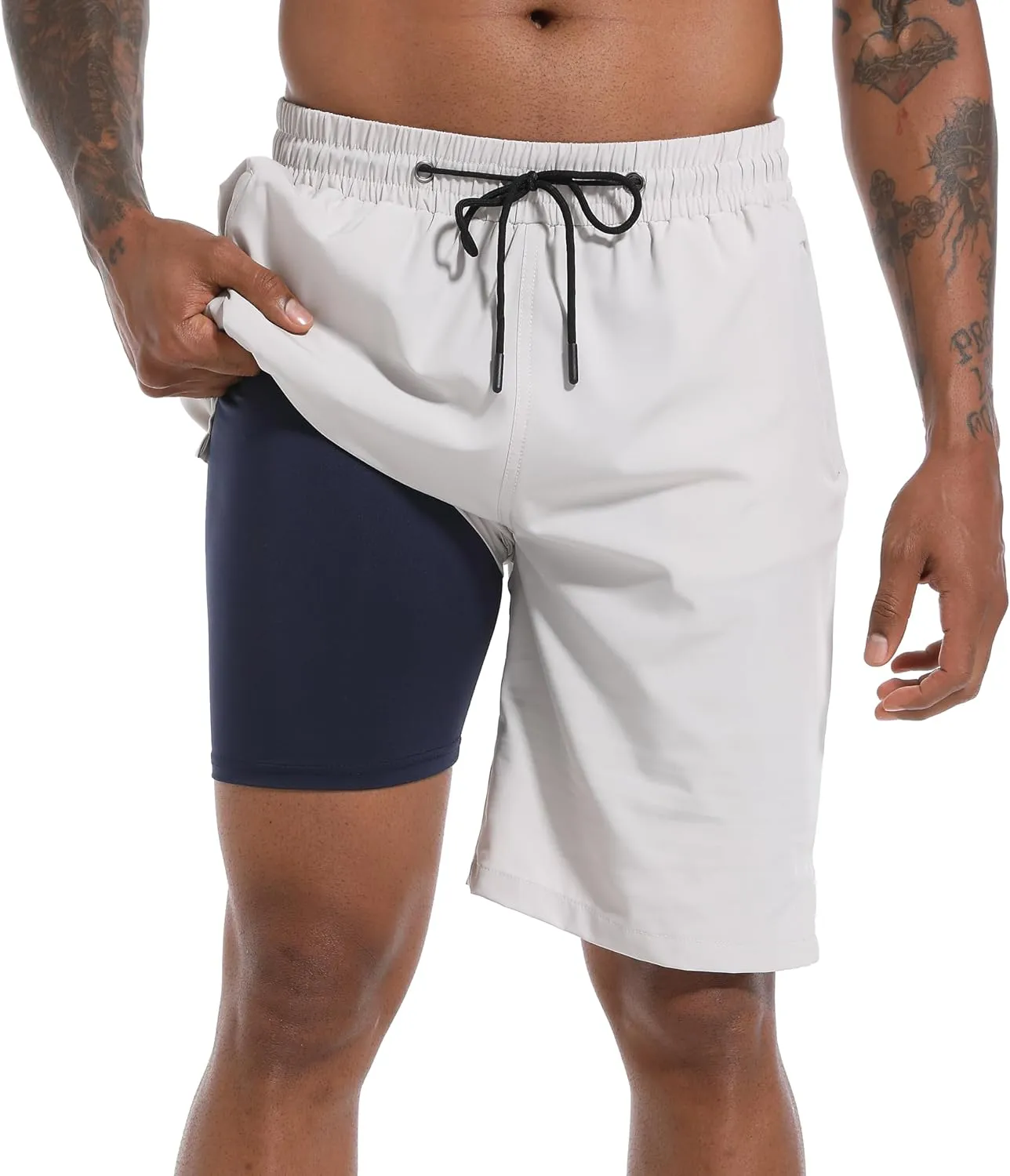 Mens Swim Trunks with Compression Liner 9" Board Shorts 2 in 1 Quick Dry Bathing Suits with Zipper Pockets