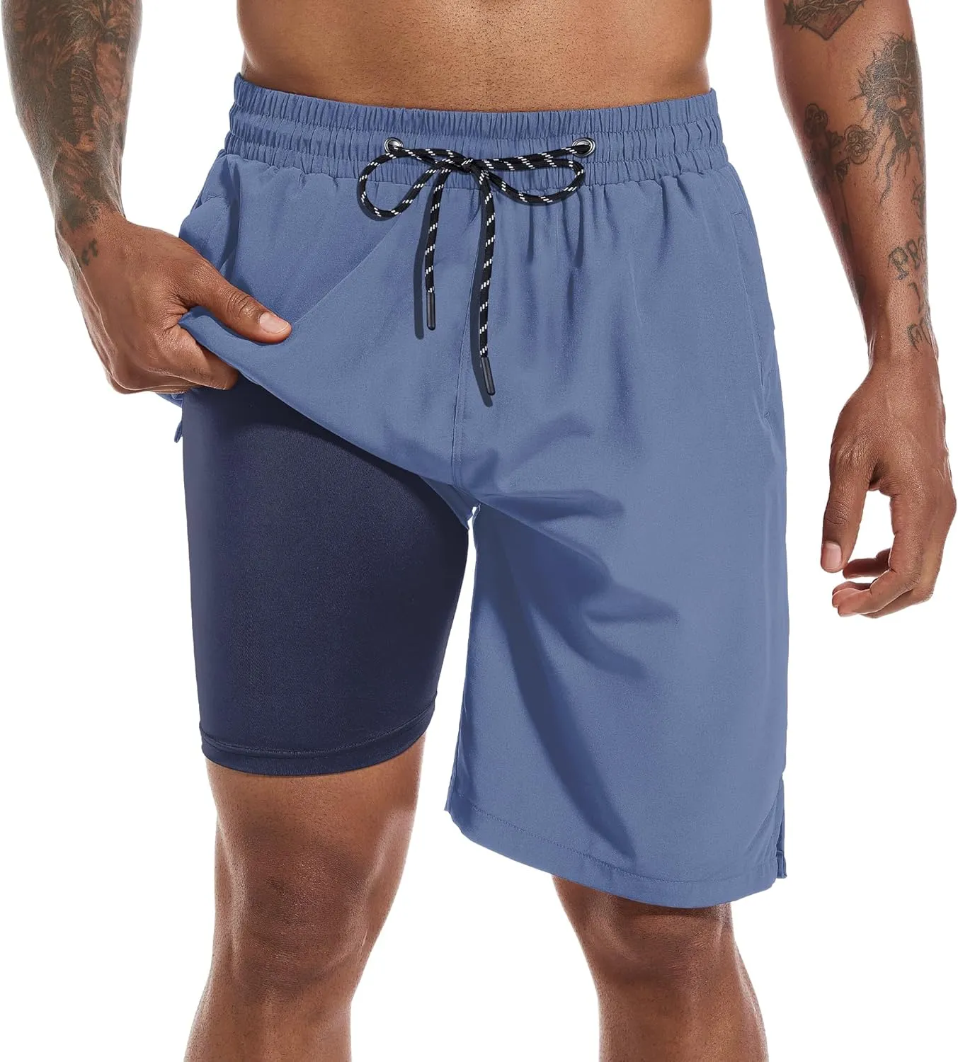 Mens Swim Trunks with Compression Liner 9" Board Shorts 2 in 1 Quick Dry Bathing Suits with Zipper Pockets