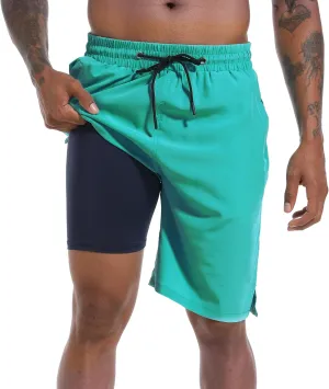 Mens Swim Trunks with Compression Liner 9" Board Shorts 2 in 1 Quick Dry Bathing Suits with Zipper Pockets