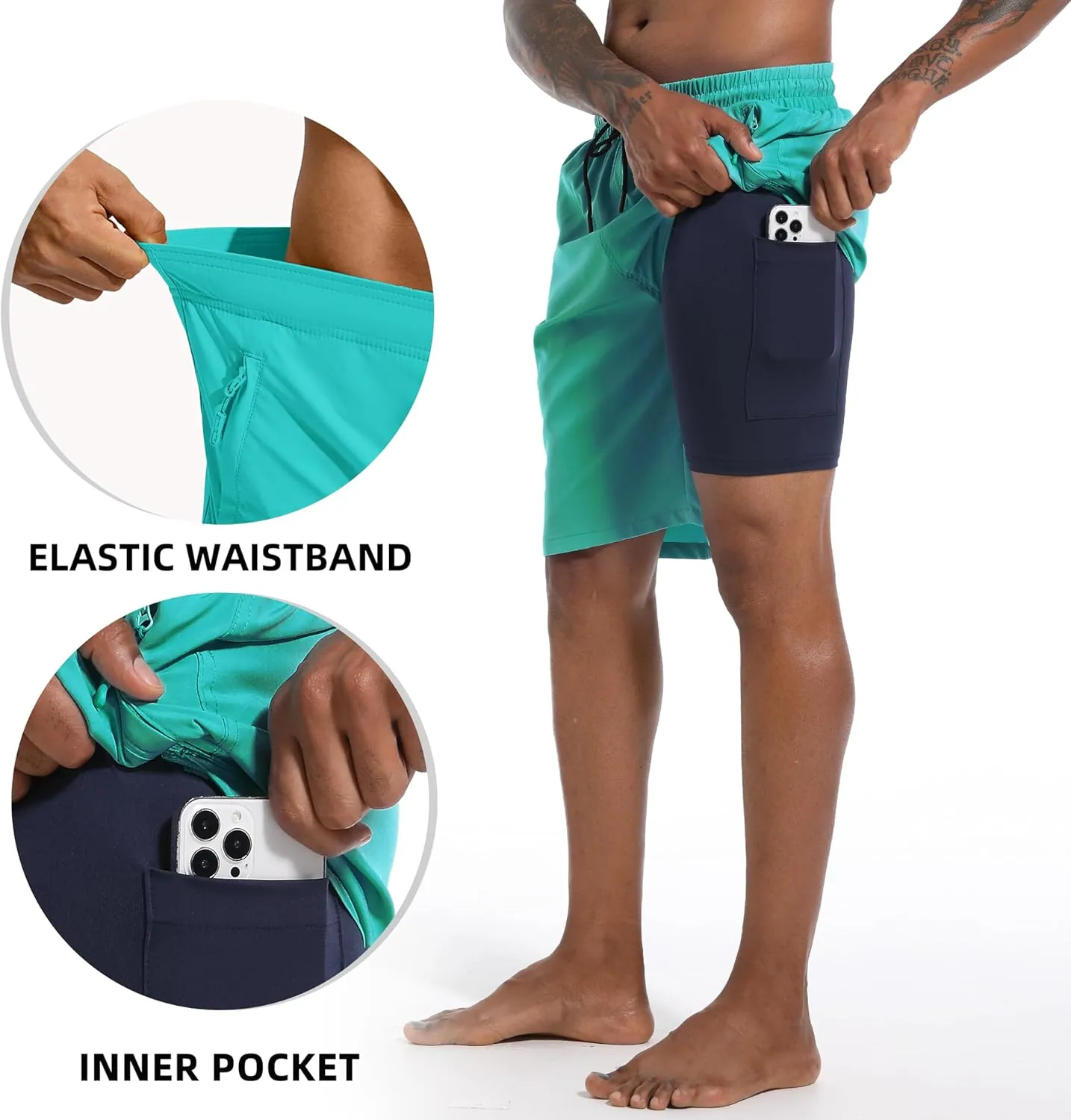 Mens Swim Trunks with Compression Liner 9" Board Shorts 2 in 1 Quick Dry Bathing Suits with Zipper Pockets