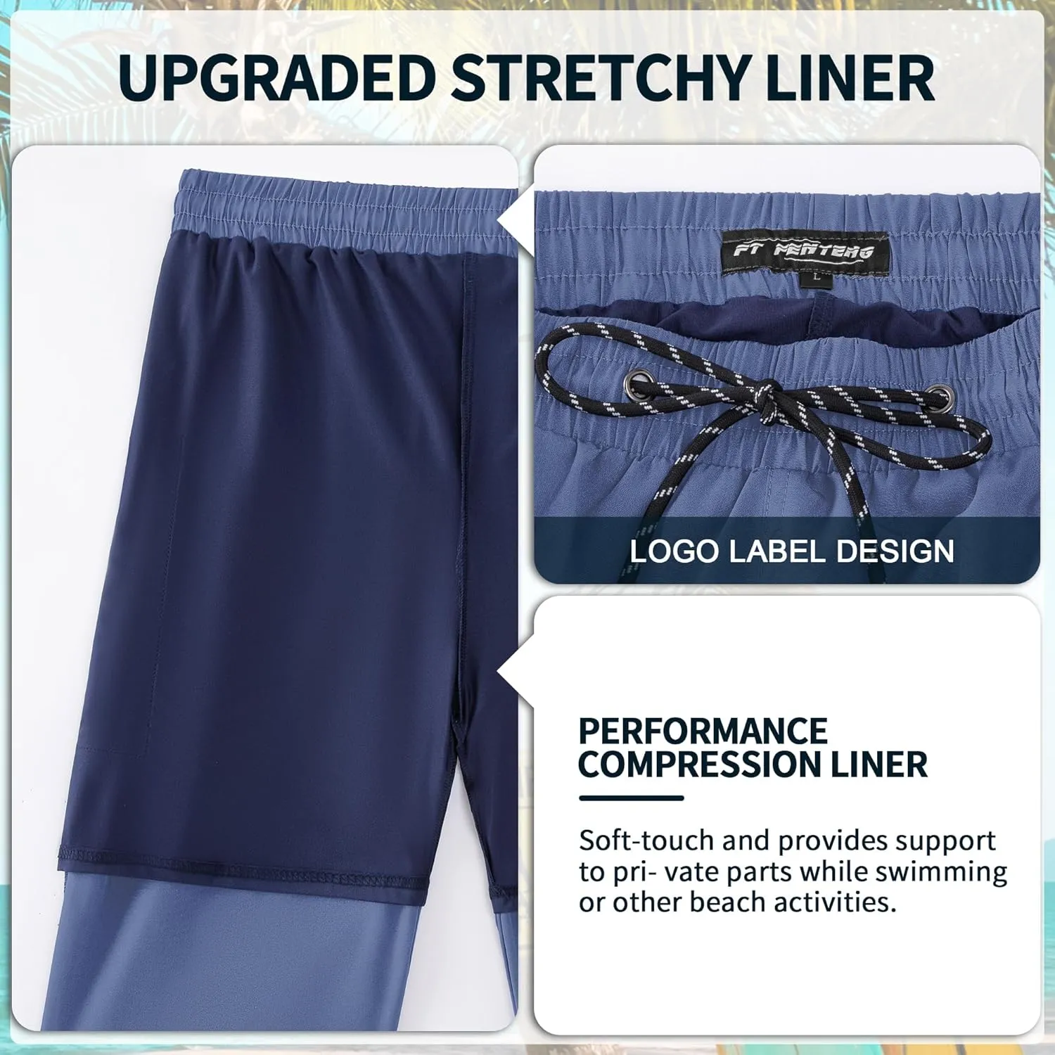Mens Swim Trunks with Compression Liner 9" Board Shorts 2 in 1 Quick Dry Bathing Suits with Zipper Pockets