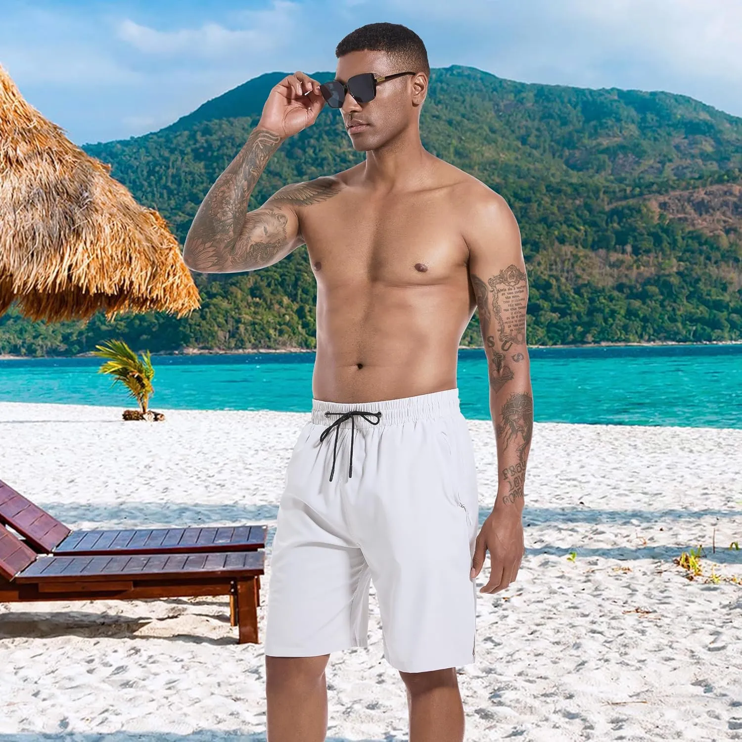 Mens Swim Trunks with Compression Liner 9" Board Shorts 2 in 1 Quick Dry Bathing Suits with Zipper Pockets
