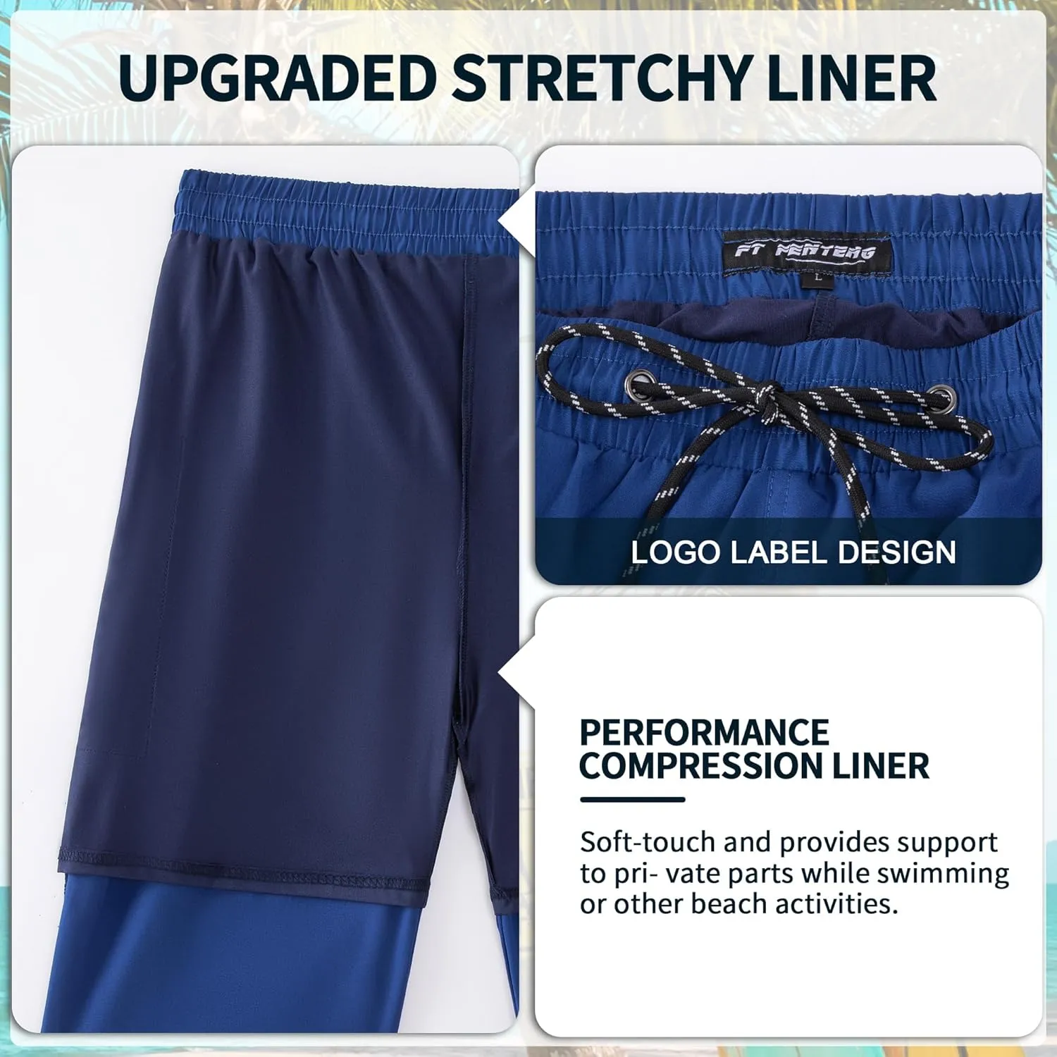 Mens Swim Trunks with Compression Liner 9" Board Shorts 2 in 1 Quick Dry Bathing Suits with Zipper Pockets