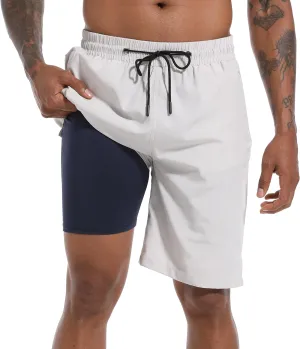 Mens Swim Trunks with Compression Liner 9" Board Shorts 2 in 1 Quick Dry Bathing Suits with Zipper Pockets