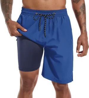 Mens Swim Trunks with Compression Liner 9" Board Shorts 2 in 1 Quick Dry Bathing Suits with Zipper Pockets