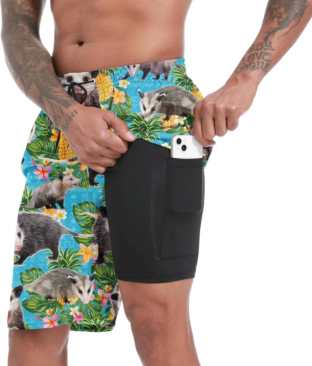 Mens Swim Trunks with Compression Liner 9" Stretch Board Shorts 2 in 1 Quick Dry Swimsuits Bathing Suits