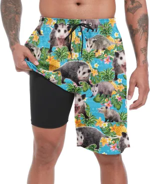 Mens Swim Trunks with Compression Liner 9" Stretch Board Shorts 2 in 1 Quick Dry Swimsuits Bathing Suits
