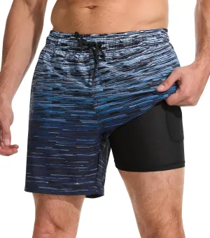 Mens Swim Trunks with Compression Liner Quick Dry Bathing Suit with Zipper Pockets Lightweight Beach Shorts