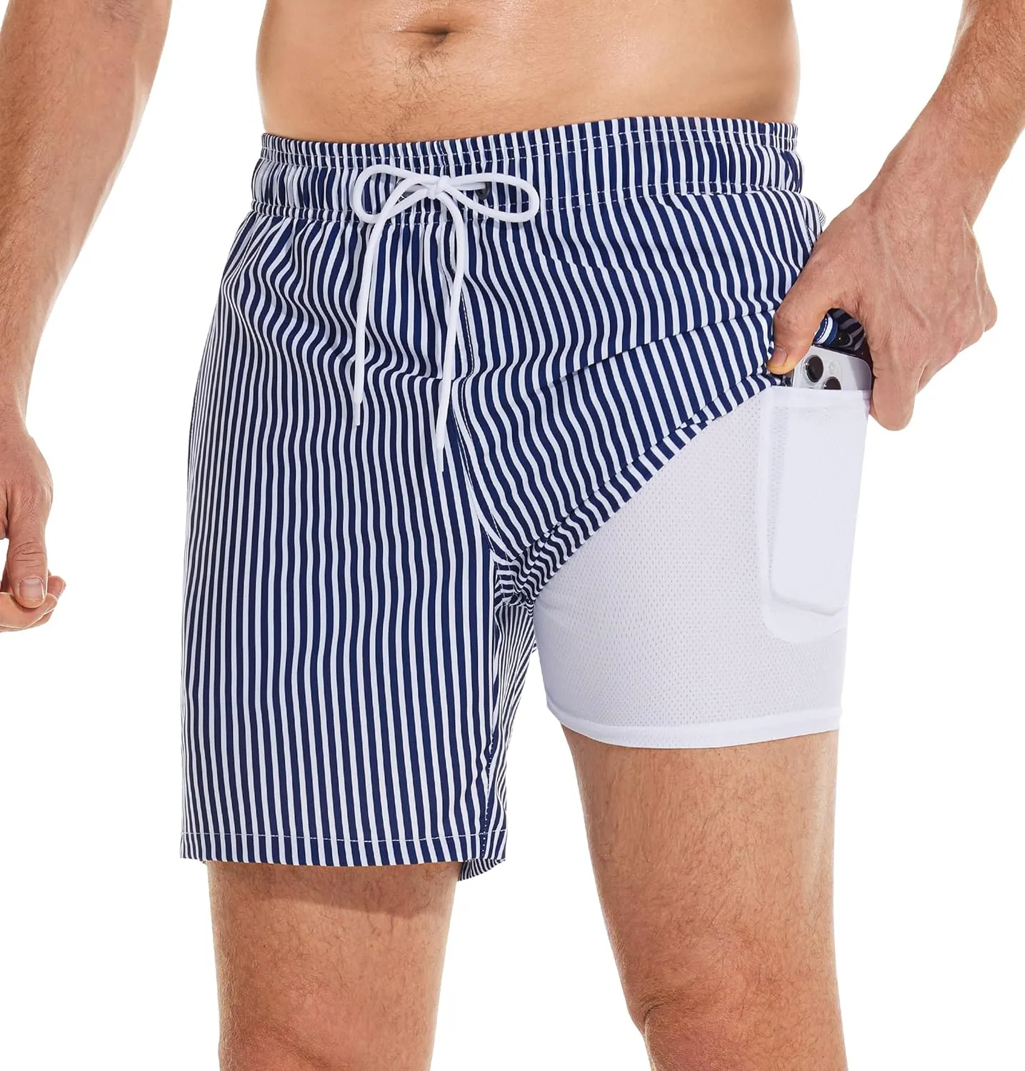 Mens Swim Trunks with Compression Liner Quick Dry Bathing Suit with Zipper Pockets Lightweight Beach Shorts
