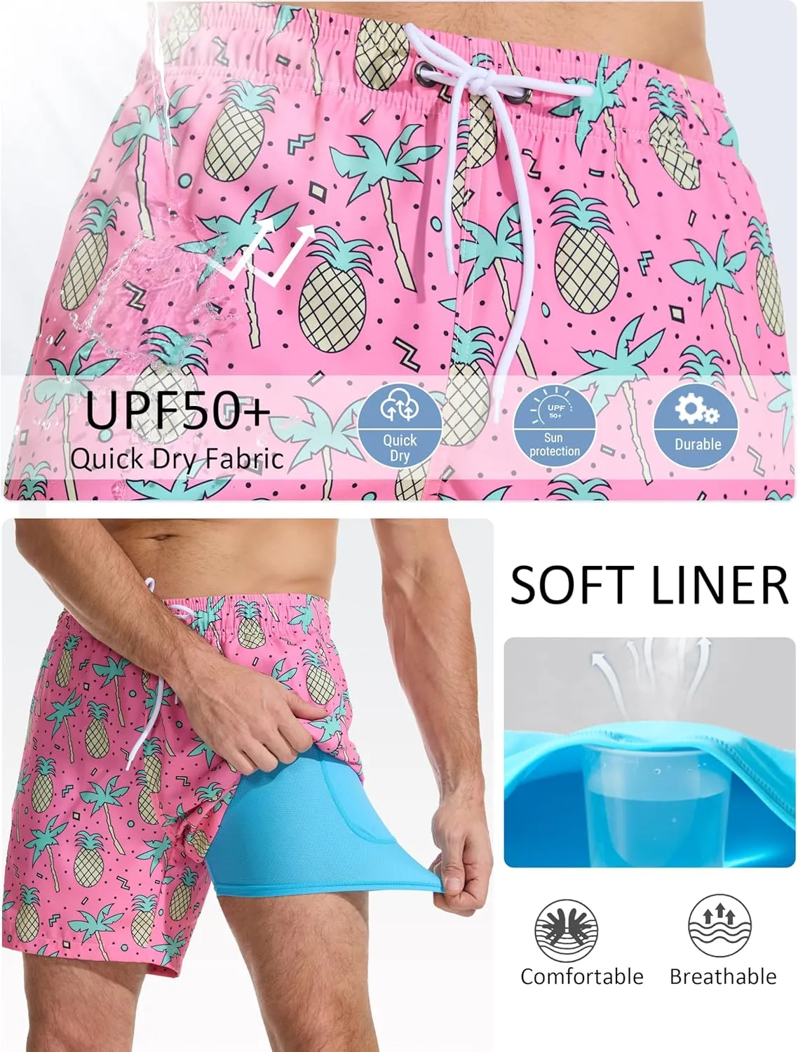 Mens Swim Trunks with Compression Liner Quick Dry Bathing Suit with Zipper Pockets Lightweight Beach Shorts
