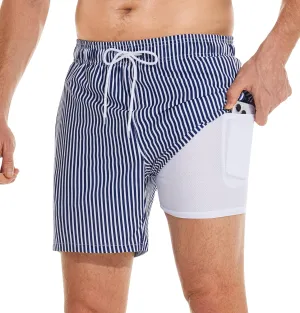 Mens Swim Trunks with Compression Liner Quick Dry Bathing Suit with Zipper Pockets Lightweight Beach Shorts