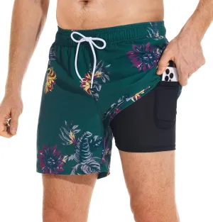 Mens Swim Trunks with Compression Liner Quick Dry Bathing Suit with Zipper Pockets Lightweight Beach Shorts