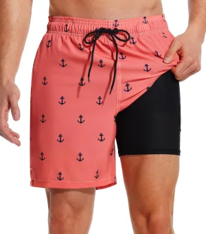 Mens Swim Trunks with Compression Liner Quick Dry Bathing Suit with Zipper Pockets Lightweight Beach Shorts
