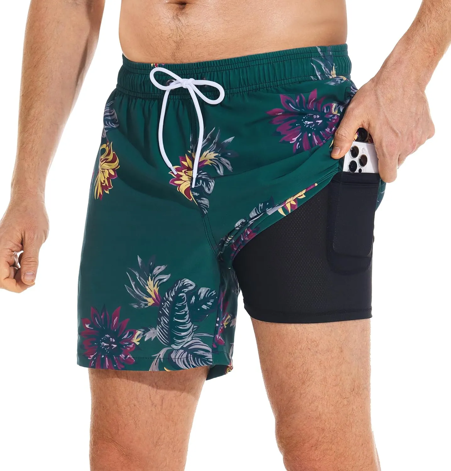 Mens Swim Trunks with Compression Liner Quick Dry Bathing Suit with Zipper Pockets Lightweight Beach Shorts