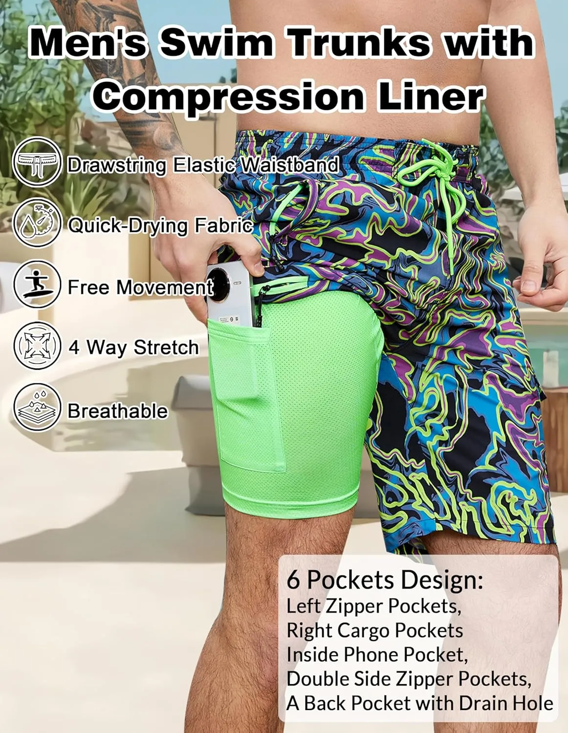 Mens Swim Trunks with Compression Liner Swimming Trunks 9 Inch Bathing Suit Quick Dry Swim Shorts Cargo Shorts
