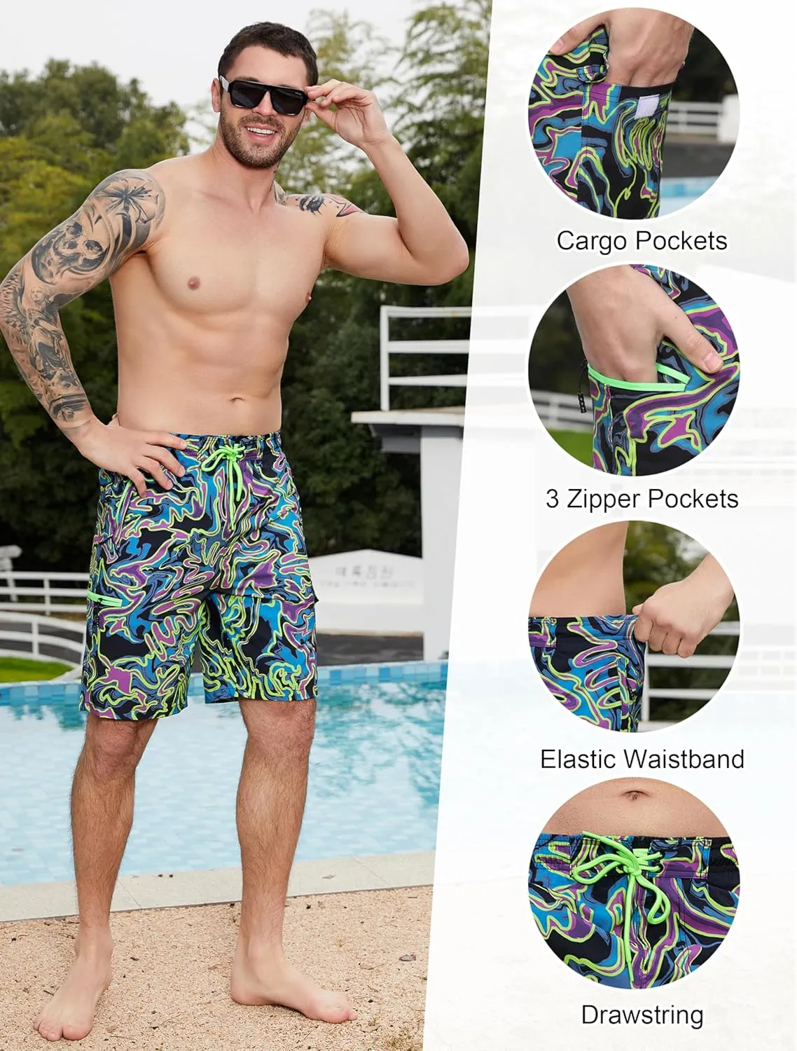 Mens Swim Trunks with Compression Liner Swimming Trunks 9 Inch Bathing Suit Quick Dry Swim Shorts Cargo Shorts