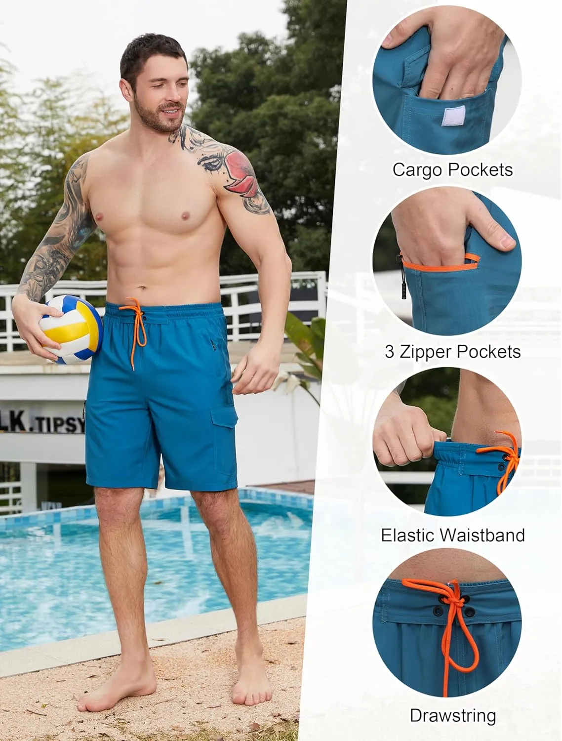 Mens Swim Trunks with Compression Liner Swimming Trunks 9 Inch Bathing Suit Quick Dry Swim Shorts Cargo Shorts