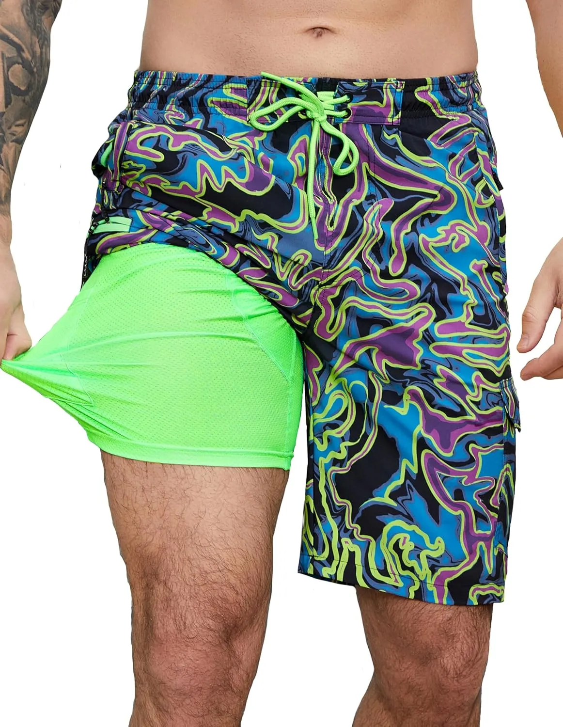 Mens Swim Trunks with Compression Liner Swimming Trunks 9 Inch Bathing Suit Quick Dry Swim Shorts Cargo Shorts