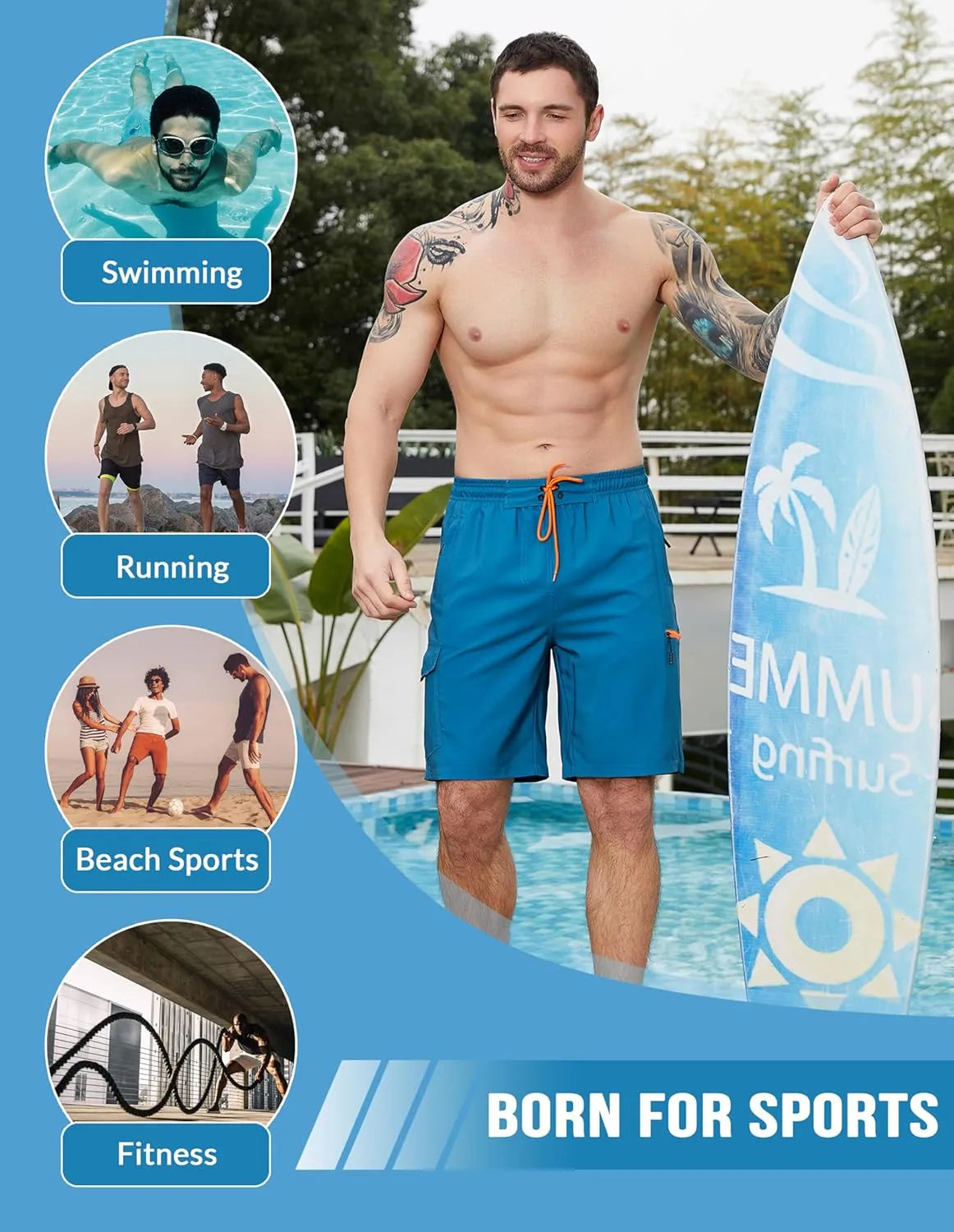 Mens Swim Trunks with Compression Liner Swimming Trunks 9 Inch Bathing Suit Quick Dry Swim Shorts Cargo Shorts