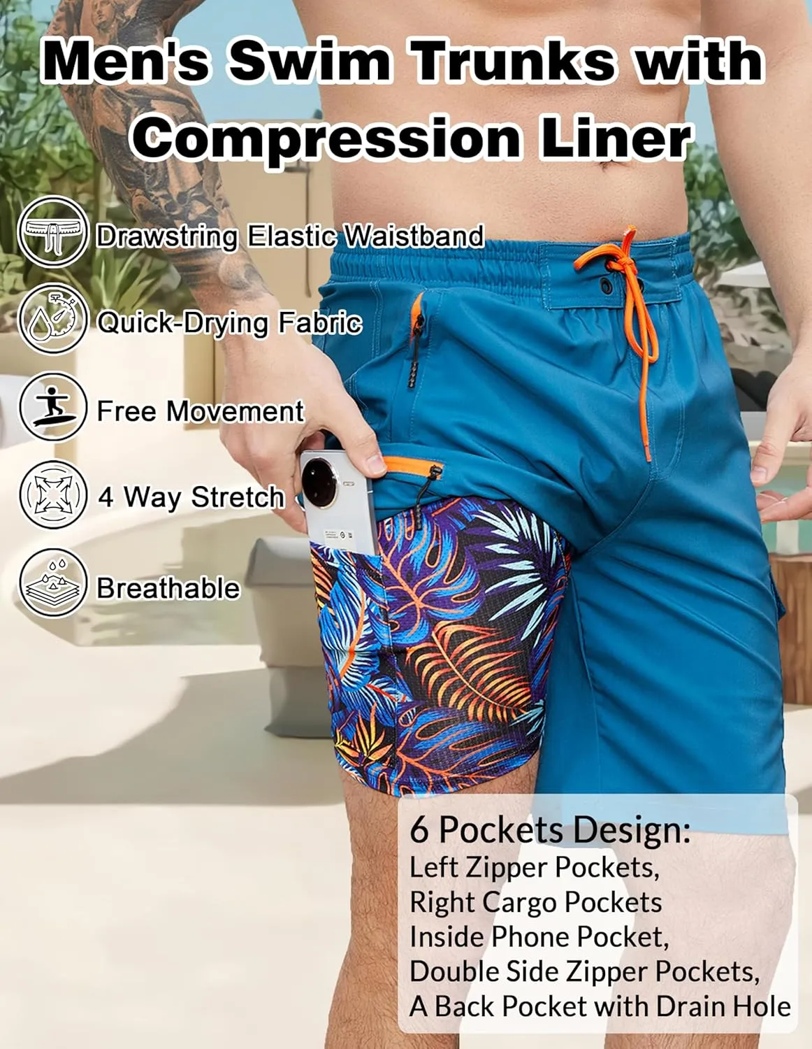 Mens Swim Trunks with Compression Liner Swimming Trunks 9 Inch Bathing Suit Quick Dry Swim Shorts Cargo Shorts