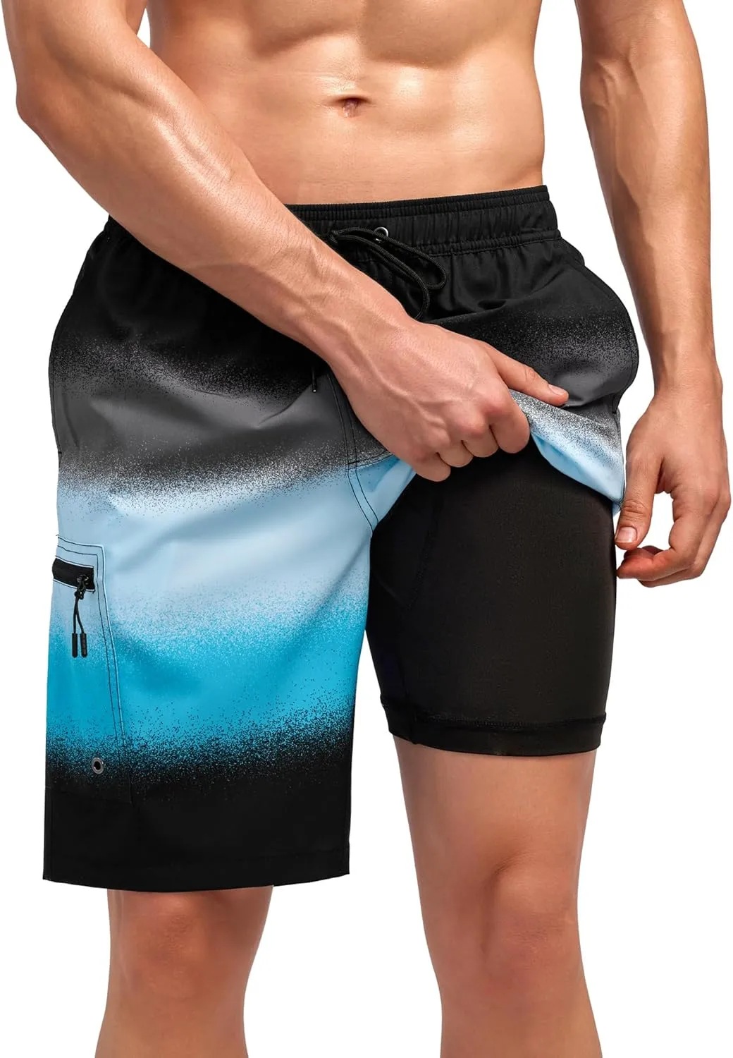 Mens Swim Trunks with Compression Liner Zipper Cargo Pockets Bathing Suit 9 Inch Quick-Dry Swimming Shorts