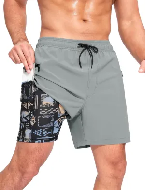 Mens Swim Trunks with Printed Compression Liner Quick Dry Bathing Suits 6" Beach Swimming Shorts with Zipper Pockets