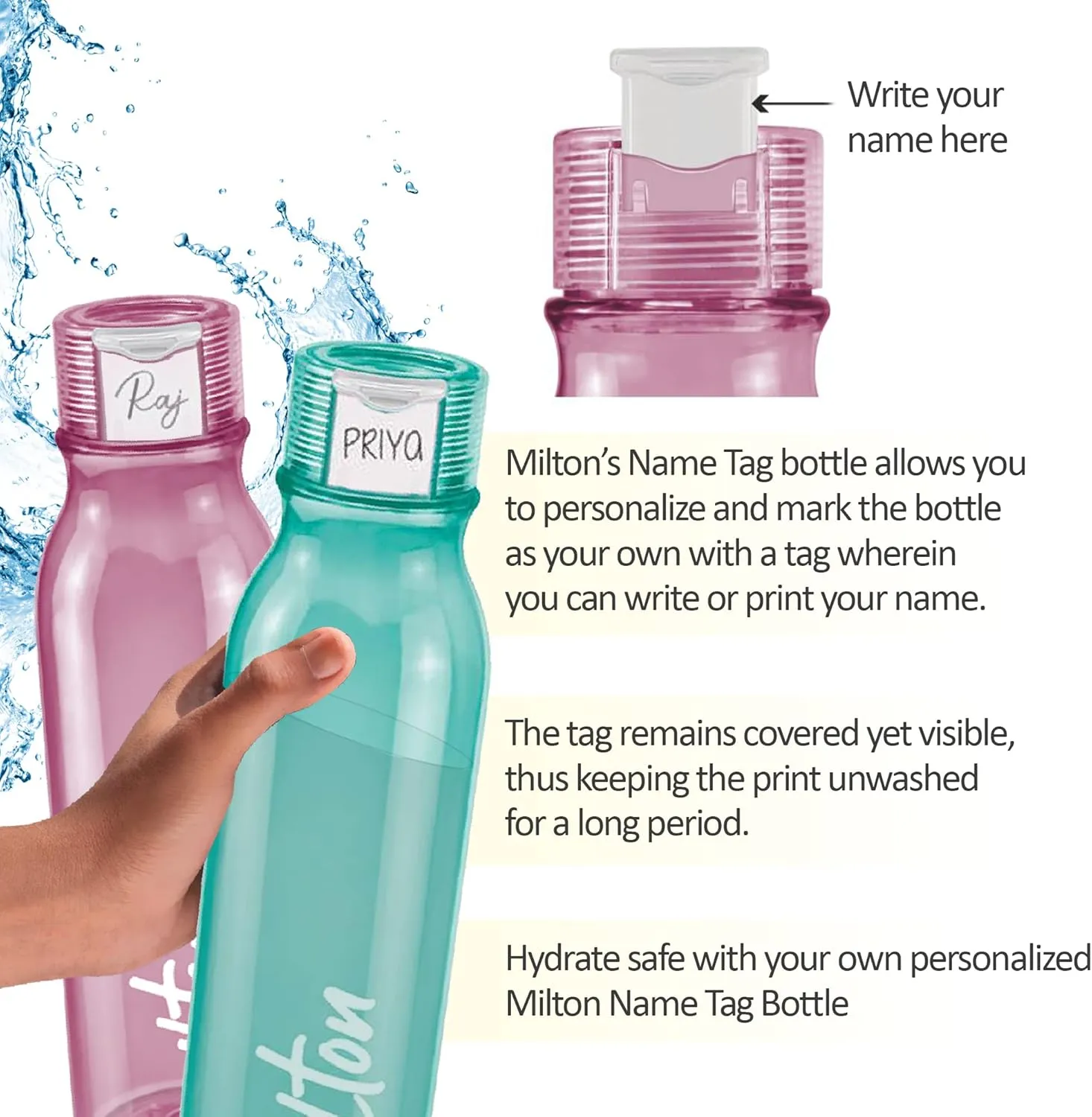 MILTON Name Tag Pet Water Bottle, Set of 4, 1 Litre Each, Green | BPA Free | 100% Leak Proof | Office Bottle | Gym Bottle | Home | Kitchen | Travel Bottle | Hiking | Treking Bottle