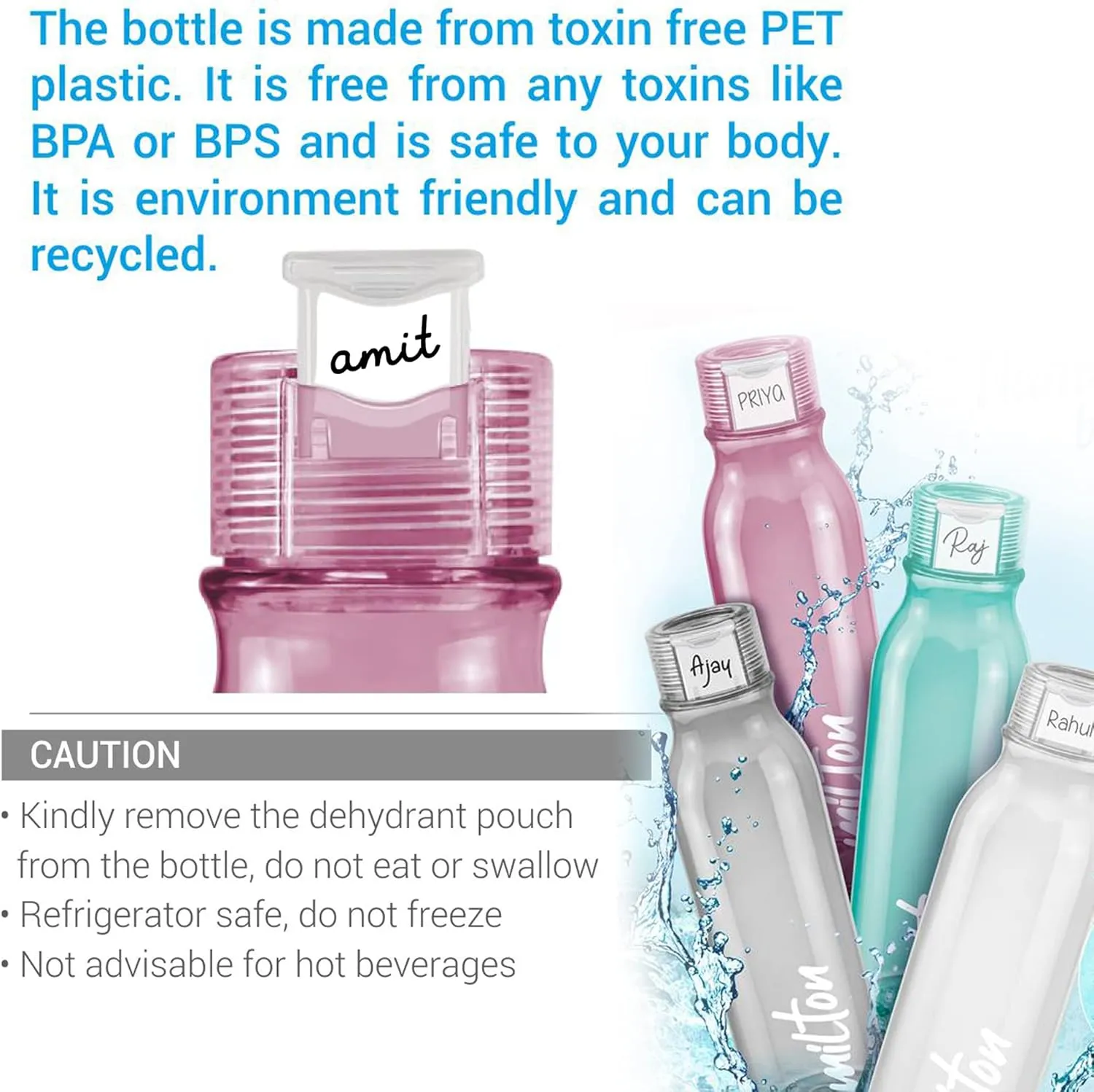 MILTON Name Tag Pet Water Bottle, Set of 4, 1 Litre Each, Green | BPA Free | 100% Leak Proof | Office Bottle | Gym Bottle | Home | Kitchen | Travel Bottle | Hiking | Treking Bottle