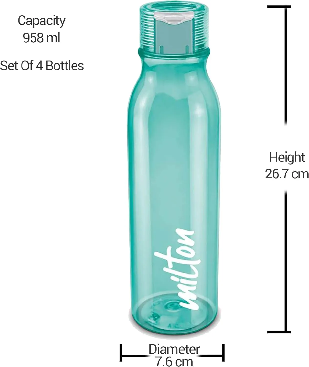 MILTON Name Tag Pet Water Bottle, Set of 4, 1 Litre Each, Green | BPA Free | 100% Leak Proof | Office Bottle | Gym Bottle | Home | Kitchen | Travel Bottle | Hiking | Treking Bottle