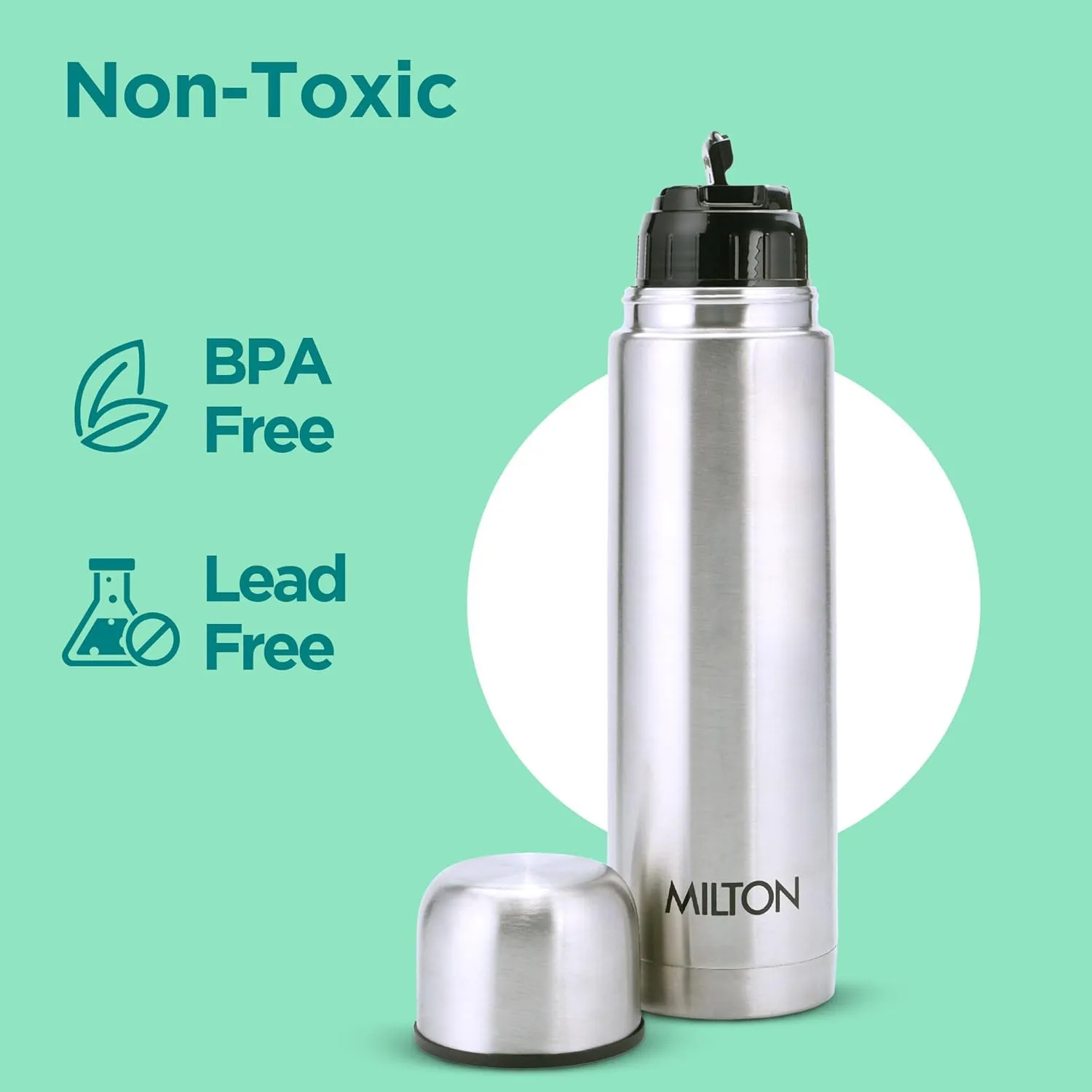 Milton Thermosteel Flip Lid Flask 350, Double Walled Vacuum Insulated Thermos 350 ml | 12 oz | 24 Hours Hot and Cold Water Bottle with Cover, 18/8 Stainless Steel, BPA Free, Leak-Proof | Silver