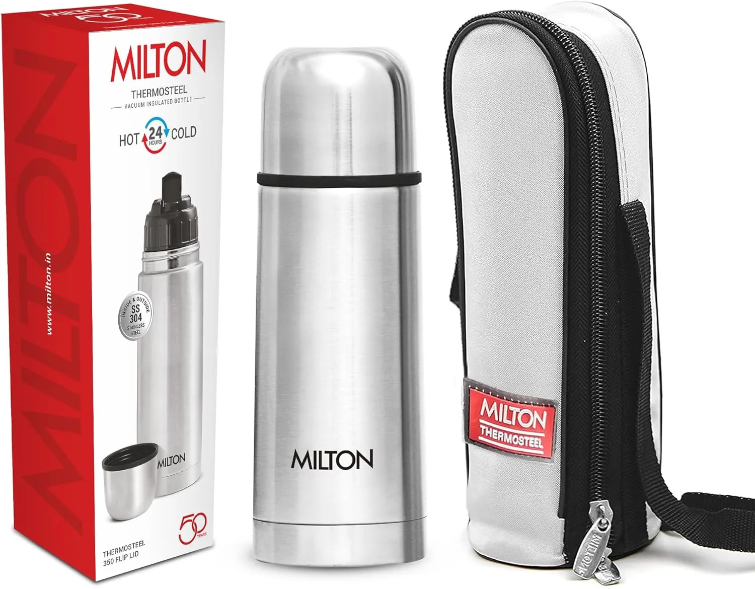 Milton Thermosteel Flip Lid Flask 350, Double Walled Vacuum Insulated Thermos 350 ml | 12 oz | 24 Hours Hot and Cold Water Bottle with Cover, 18/8 Stainless Steel, BPA Free, Leak-Proof | Silver