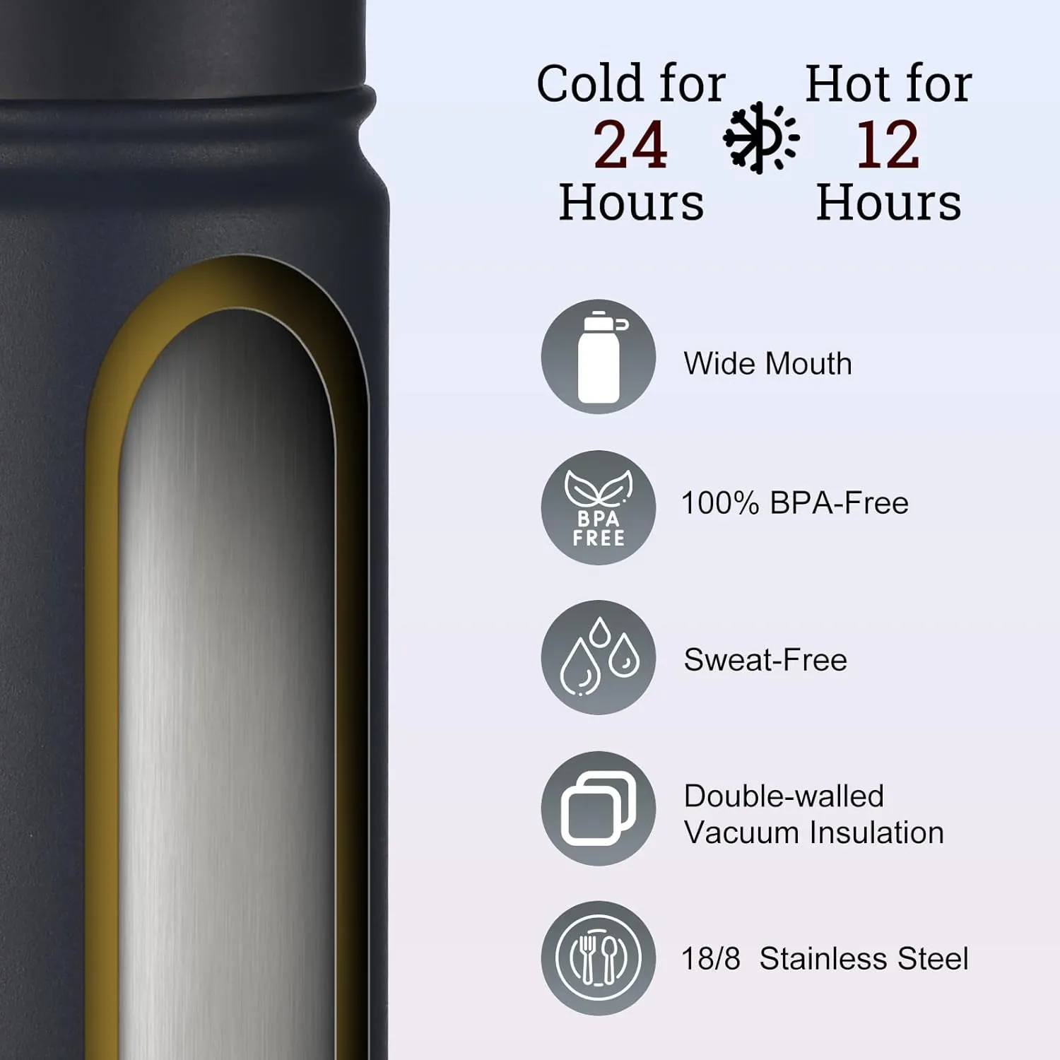 mininoo 24 oz Insulated Water Bottle with Straw Lid, Stainless Steel Double Wall Vacuum, Leak Proof, BPA Free, Keep Cold for 24H & Hot for 12H-2 pack(Black)