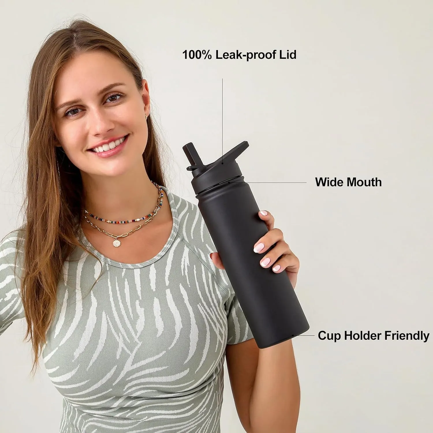 mininoo 24 oz Insulated Water Bottle with Straw Lid, Stainless Steel Double Wall Vacuum, Leak Proof, BPA Free, Keep Cold for 24H & Hot for 12H-2 pack(Black)