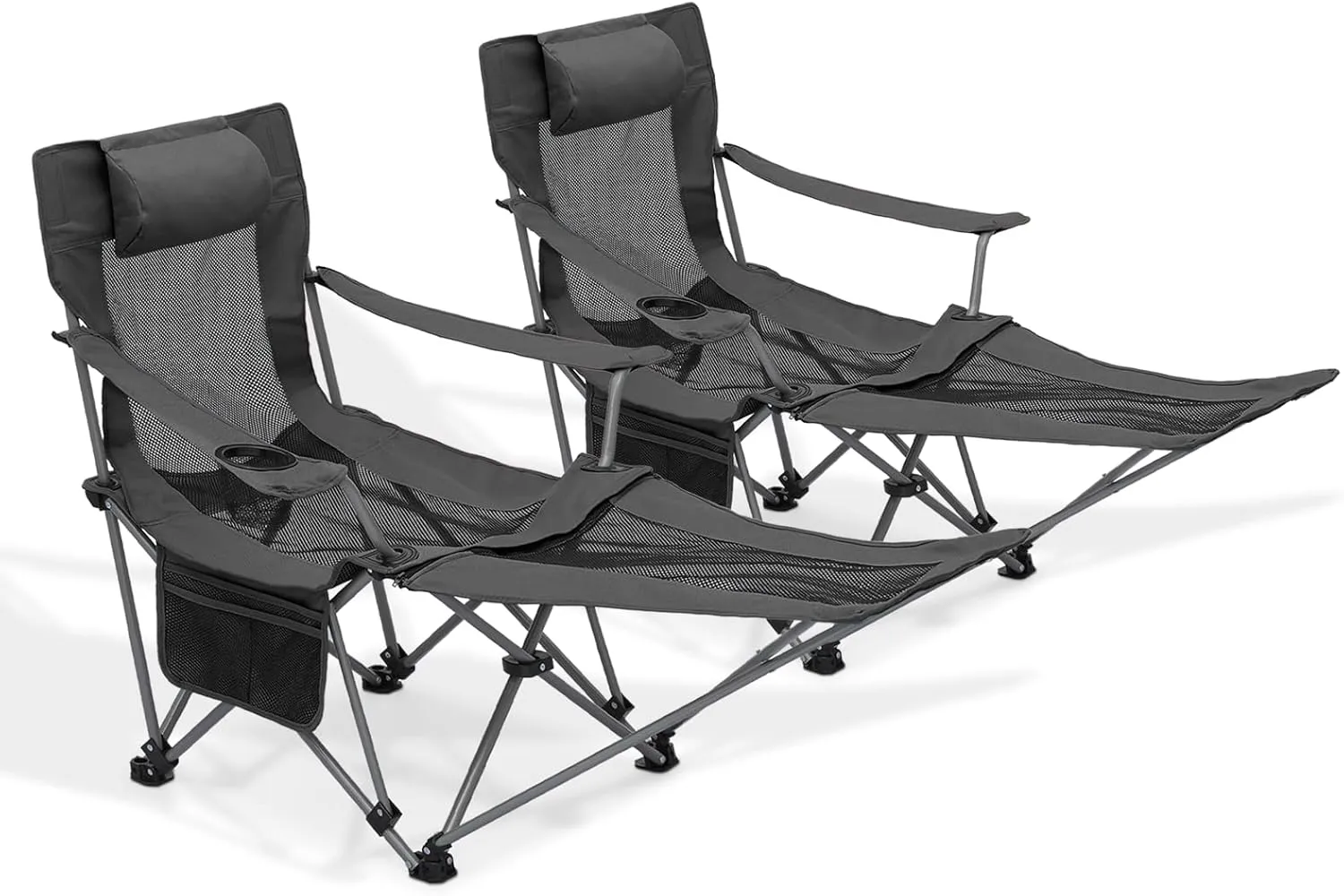 MoNiBloom Portable Folding Reclining Camping Chair with Foot Rest for Adults Outdoor Beach Hiking Fishing Lounge Recliner Camp Chair with Headrest Footrest Cup Holder Side Pocket (Black, 2-Pack)