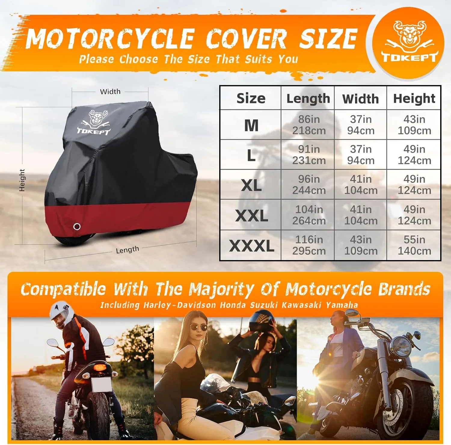 Motorcycle Cover Waterproof Outdoor, Motorbike Scooter Covers with Lock-Holes, Storage Bag Compatible with Harley Davidson Kawasaki Yamaha Honda (Up to 104”)