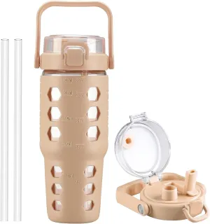 MUKOKO 32 oz Glass Tumbler with Straw,Glass Water Bottles with Time Marker,Iced Coffee Cup with Silicone Sleeve,Motivational Drinking Bottles,Leakproof-Amber