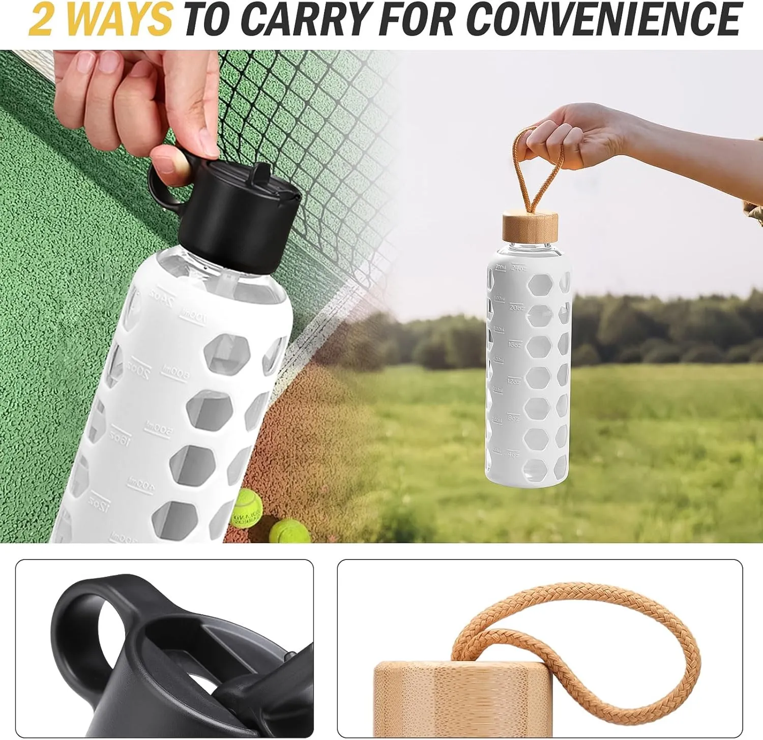 MUKOKO Glass Water Bottles, 24oz Glass Tumbler, Drinking Bottles with 2 Lids-Handle Flip Straw Lid&Bamboo Lid, Motivational Water Bottle with Time Marker and Silicone Sleeve, Leakproof-1 Pack-White