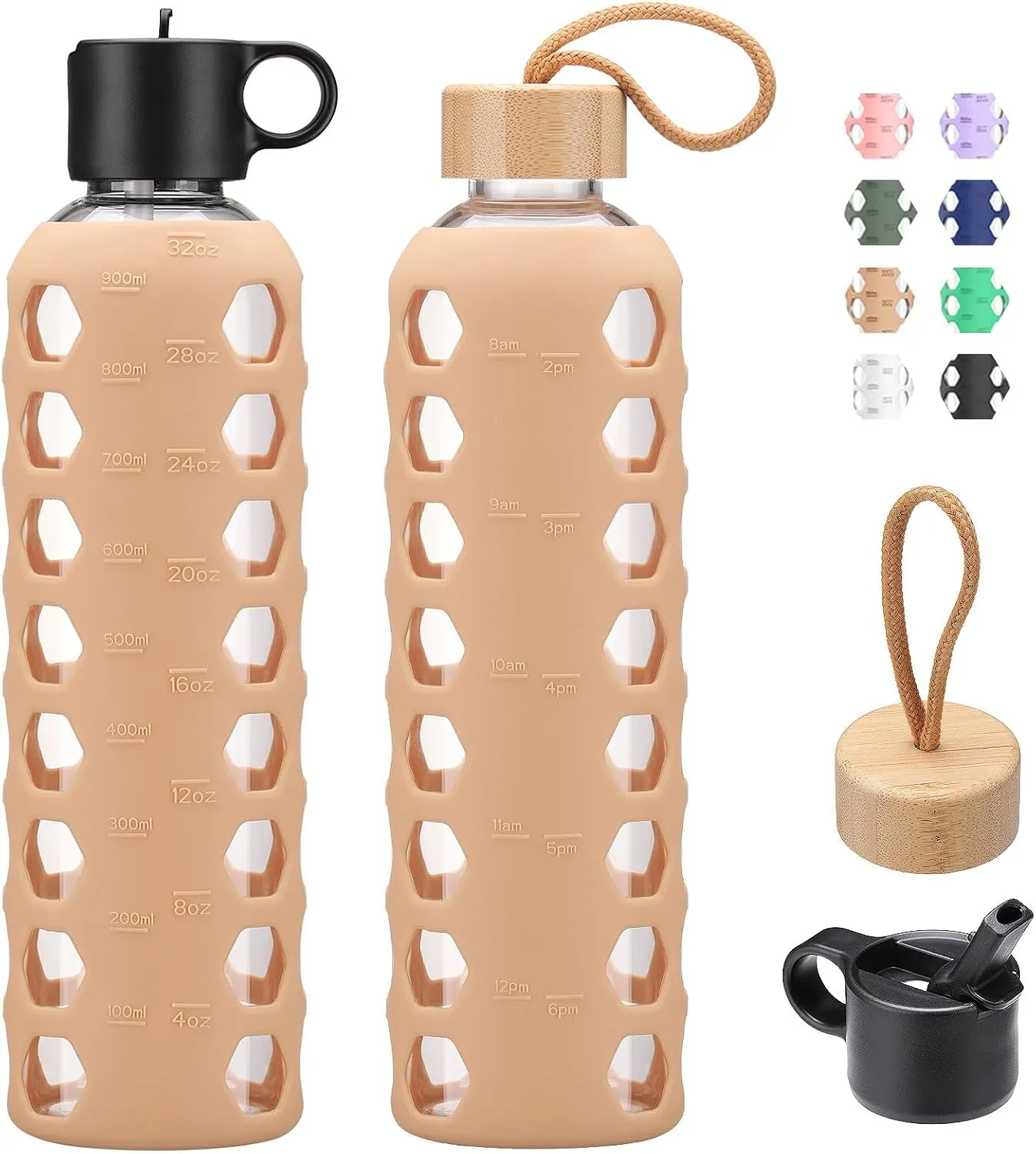 MUKOKO Glass Water Bottles, 32oz Glass Tumbler, Drinking Bottles with 2 Lids-Handle Flip Straw Lid&Bamboo Lid, Motivational Water Bottle with Time Marker and Silicone Sleeve, Leakproof-1 Pack-Amber