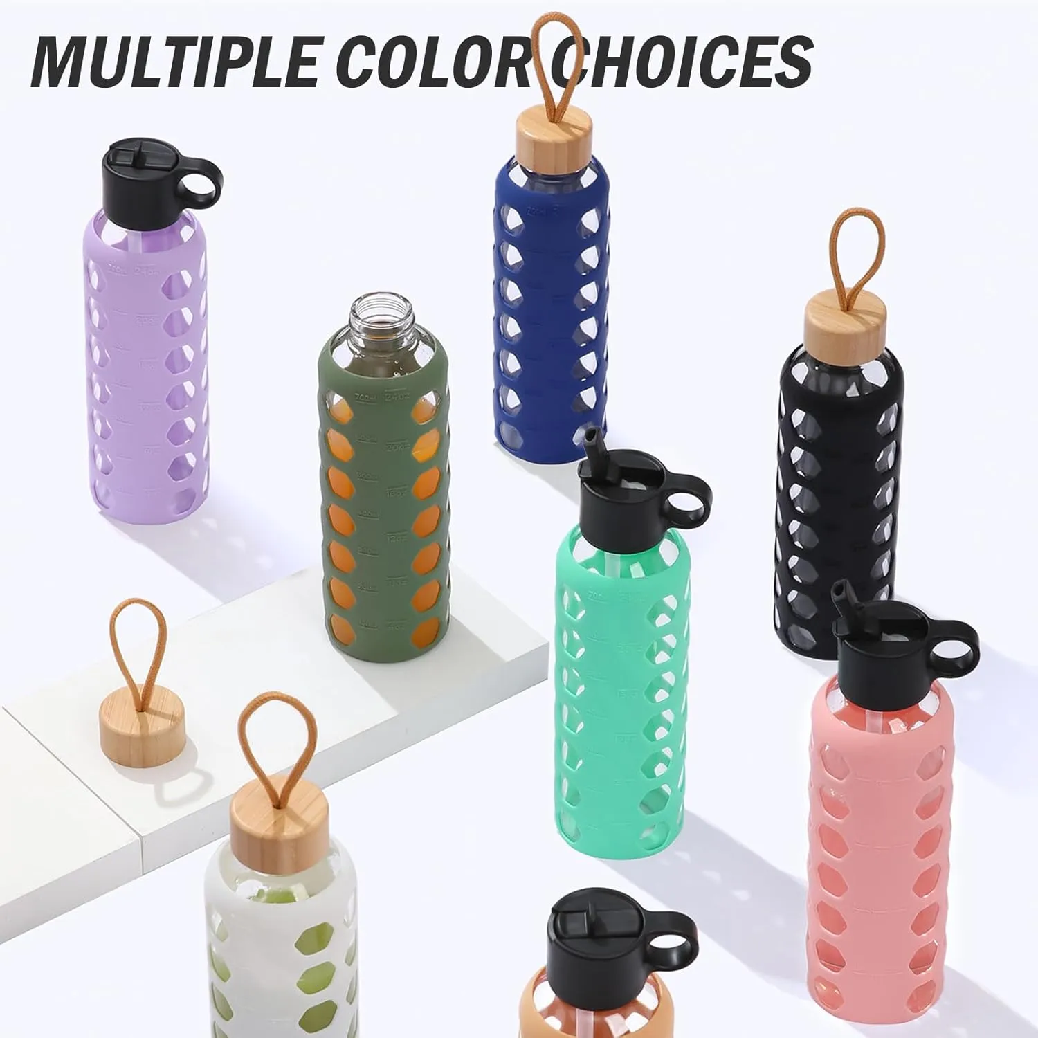 MUKOKO Glass Water Bottles, 32oz Glass Tumbler, Drinking Bottles with 2 Lids-Handle Flip Straw Lid&Bamboo Lid, Motivational Water Bottle with Time Marker and Silicone Sleeve, Leakproof-1 Pack-Amber