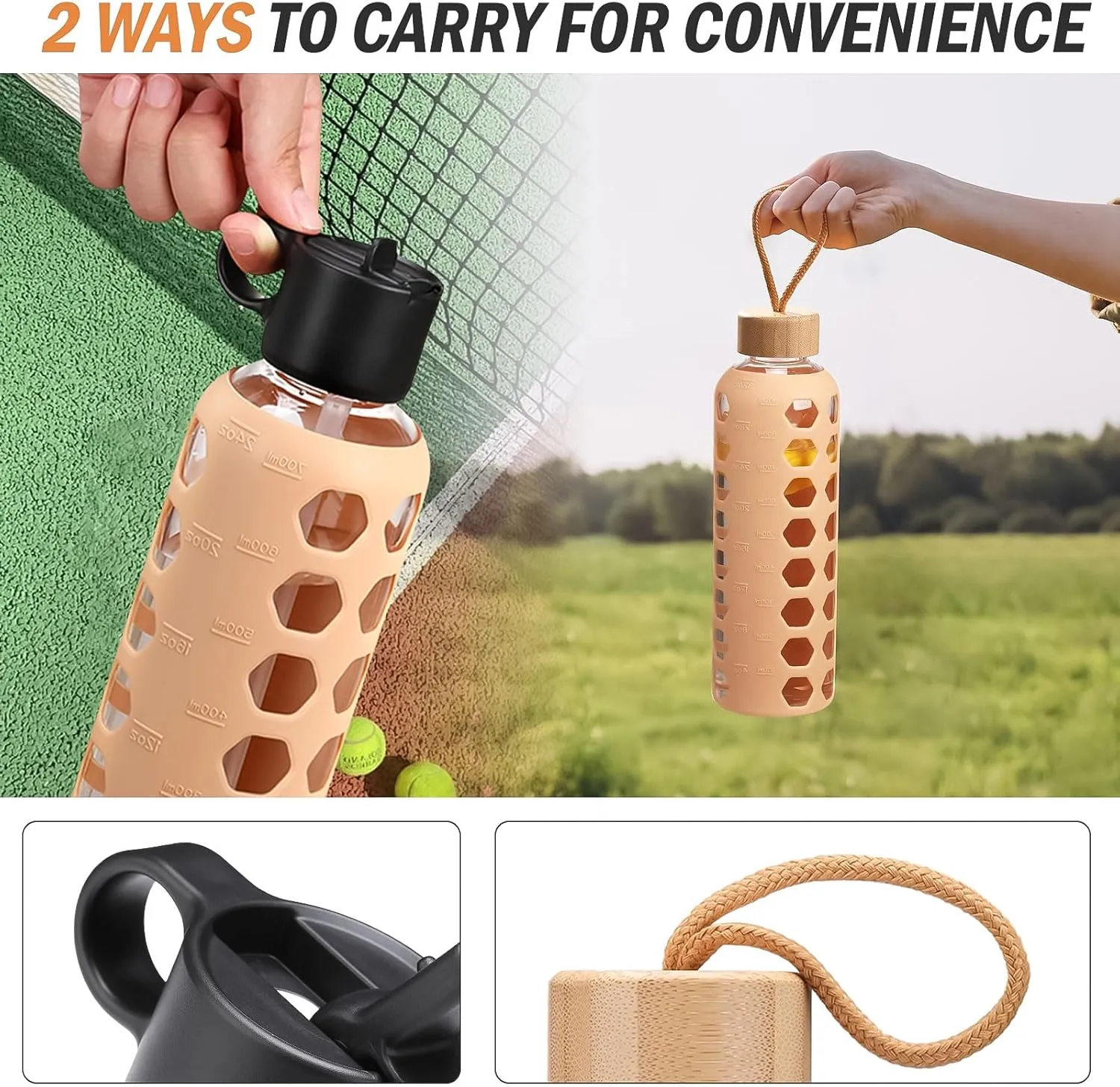 MUKOKO Glass Water Bottles, 32oz Glass Tumbler, Drinking Bottles with 2 Lids-Handle Flip Straw Lid&Bamboo Lid, Motivational Water Bottle with Time Marker and Silicone Sleeve, Leakproof-1 Pack-Amber